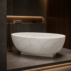 Aurelia Ivory Cloud Marble pedestal bathtub in a dark hospitality spa styled visualization