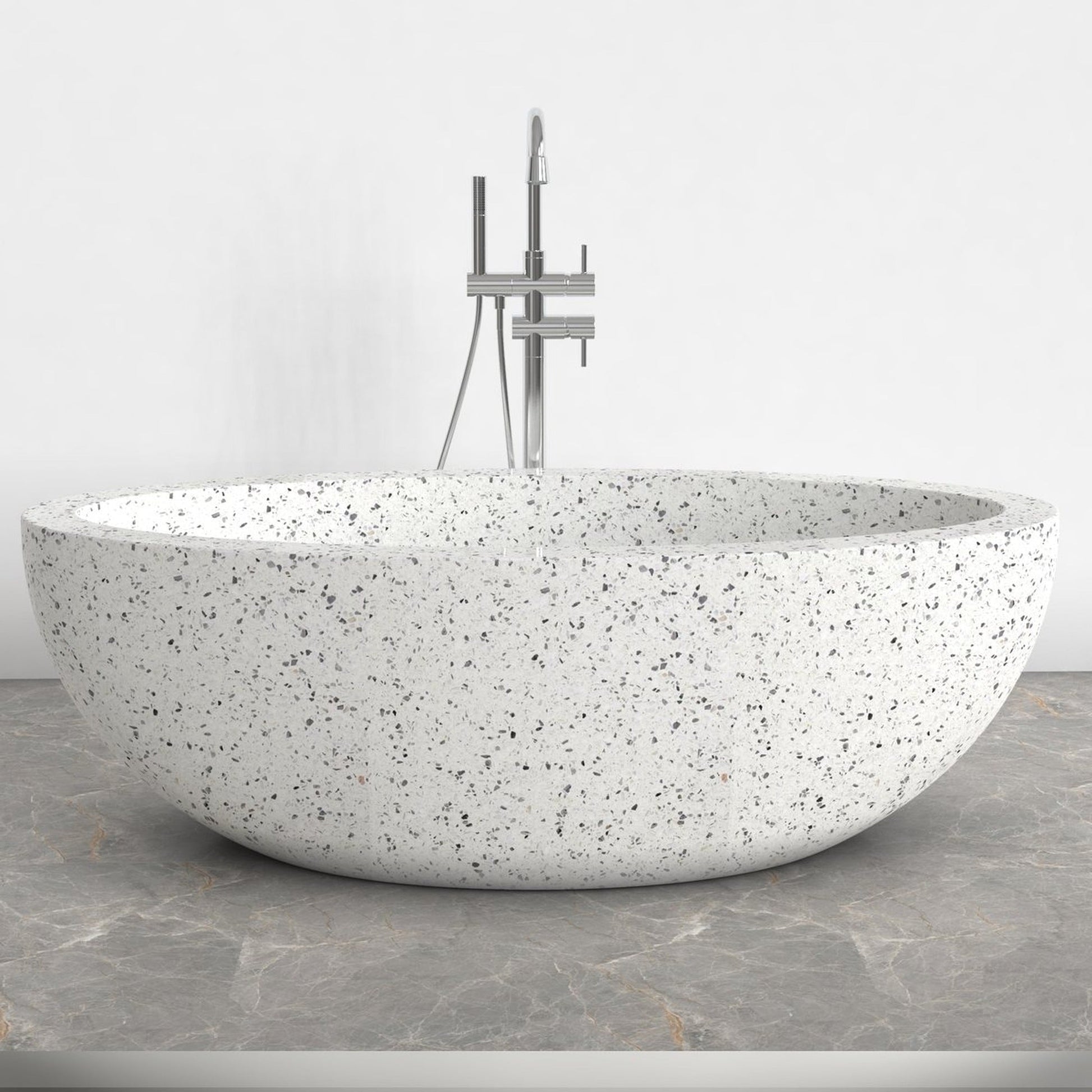 Aveline Alba White Terrazzo freestanding soaking bathtub, full-frame front view