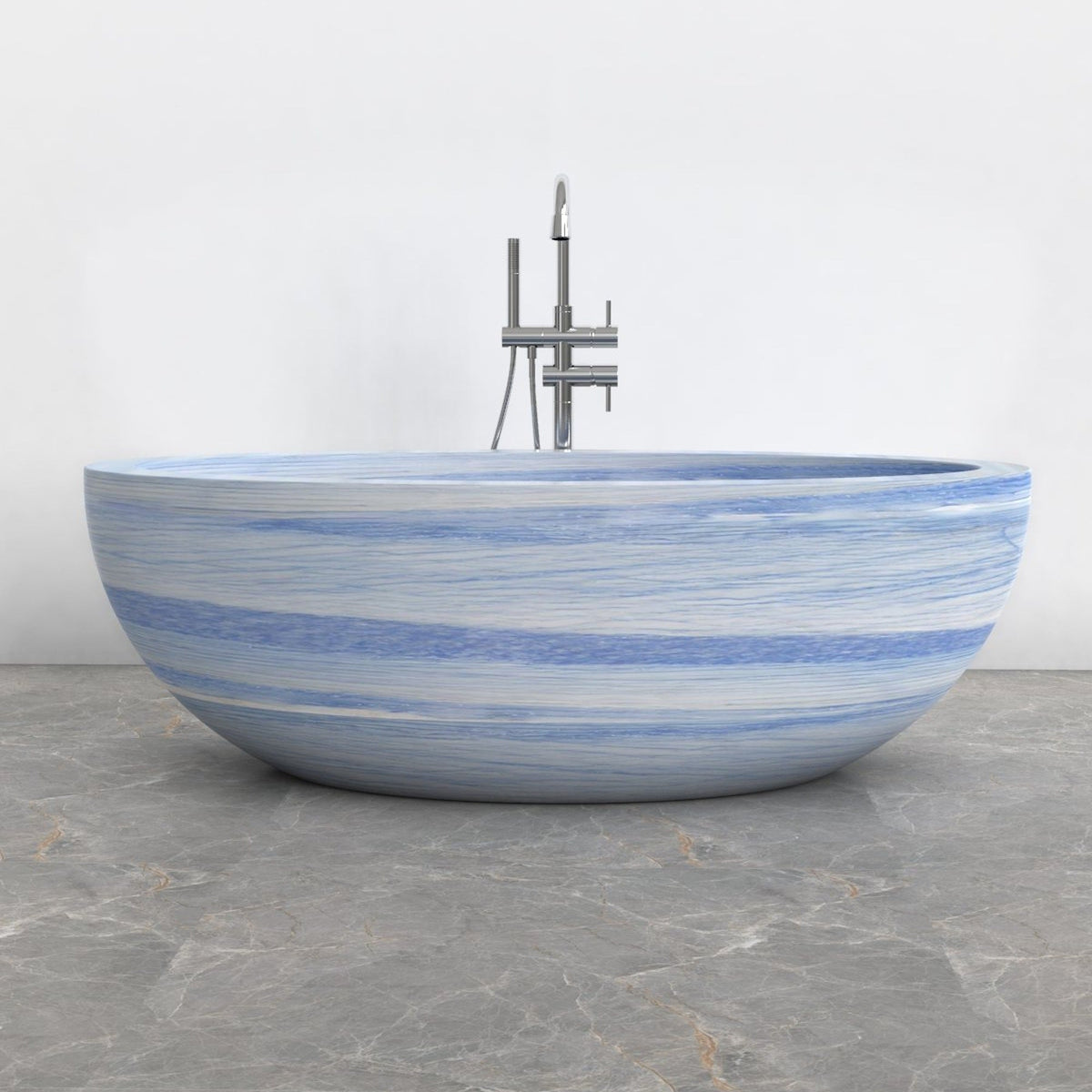 Aveline Azura Blue Quartzite freestanding soaking bathtub, full-frame front view