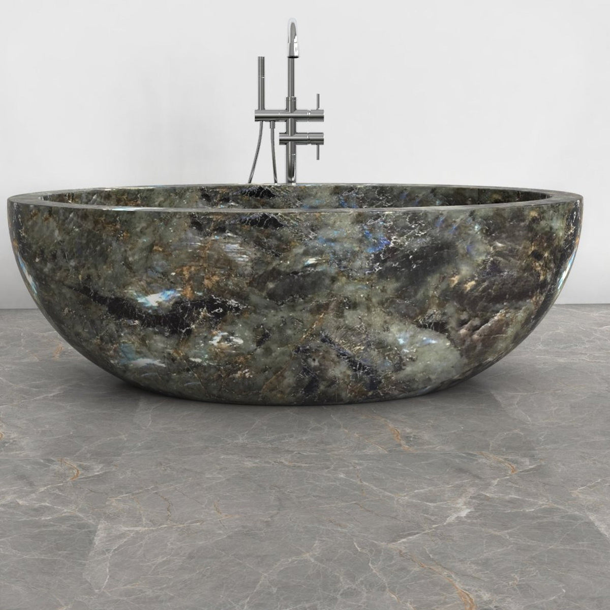 Aveline Celestia Blue Quartzite freestanding soaking bathtub, full-frame front view