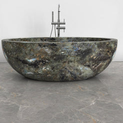 Aveline Celestia Blue Quartzite freestanding soaking bathtub, full-frame front view