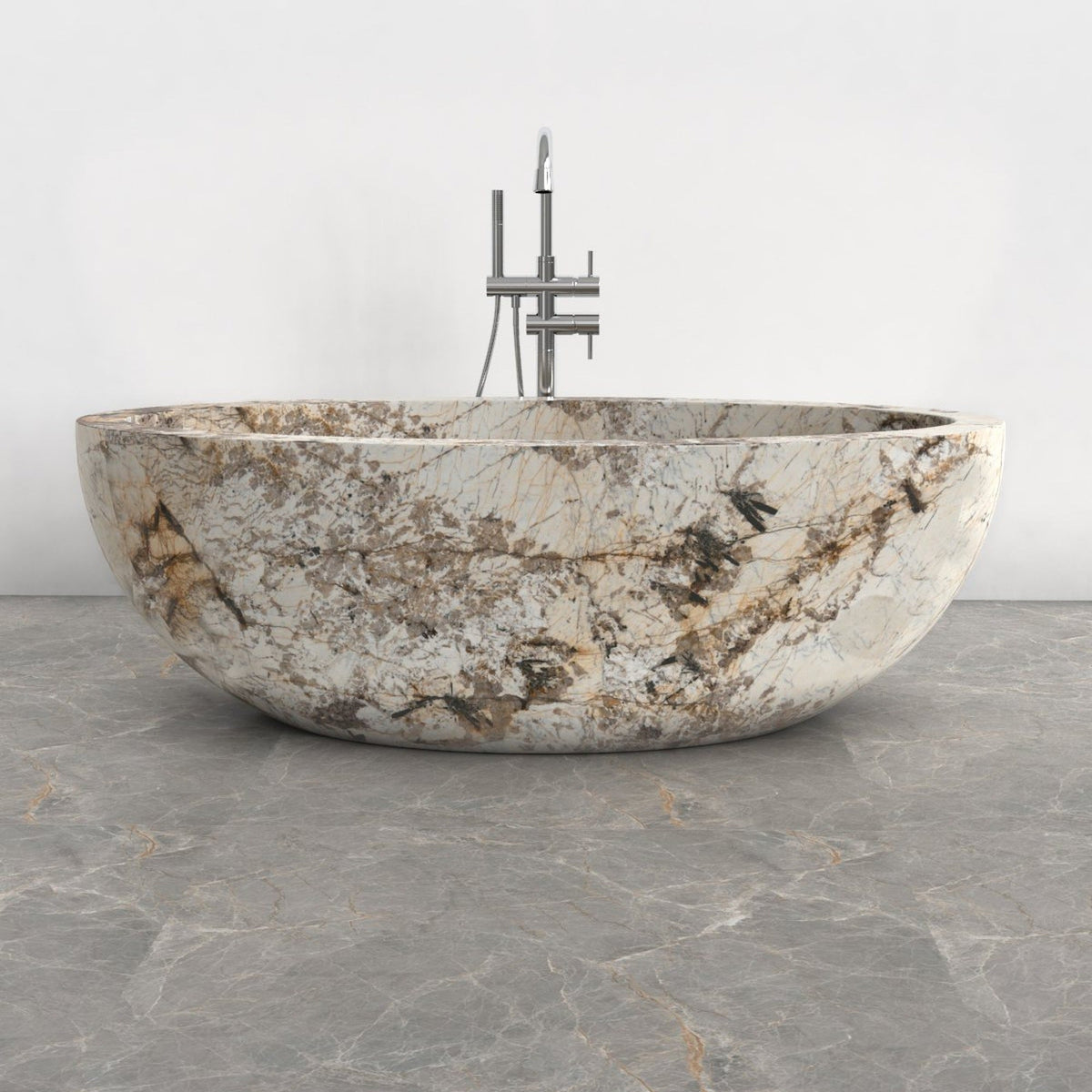 Aveline Pandora Blanc Quartzite freestanding soaking bathtub, full-frame front view