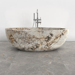 Aveline Pandora Blanc Quartzite freestanding soaking bathtub, full-frame front view