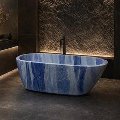 Azura Blue Quartzite freestanding bathtub in a dark luxury spa, styled visualization