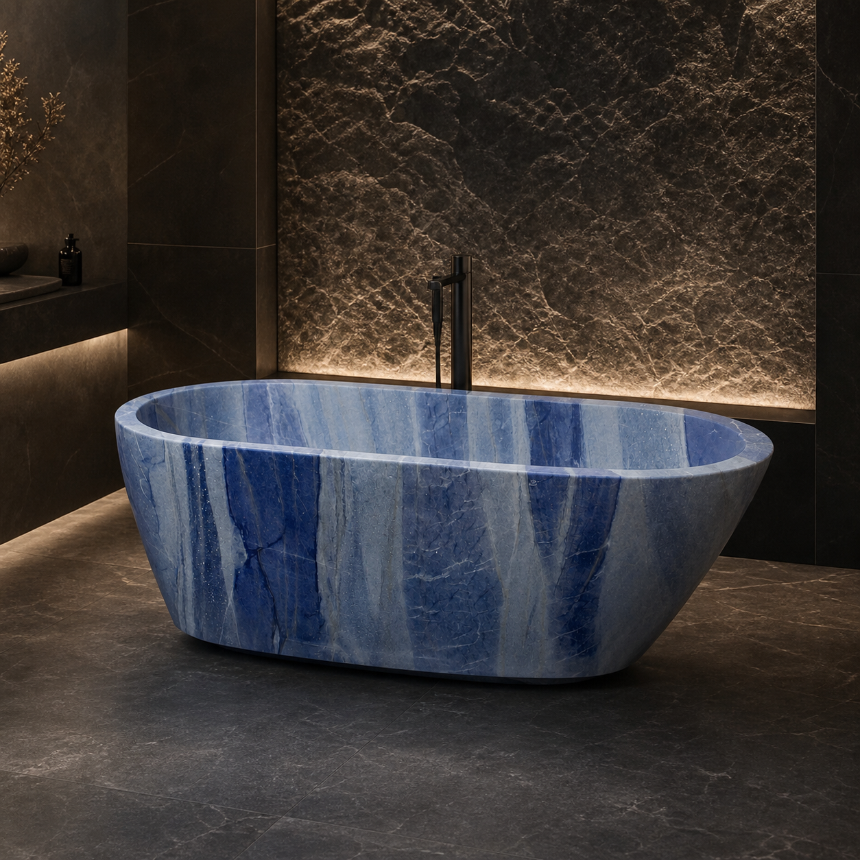 Azura Blue Quartzite freestanding bathtub in a dark luxury spa visualization