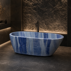 Azura Blue Quartzite freestanding bathtub in a dark luxury spa visualization