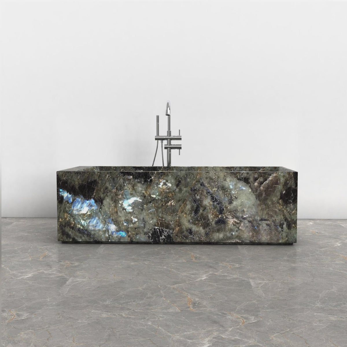 Caelira Celestia Blue Quartzite rectangular bathtub, studio front-view visualization