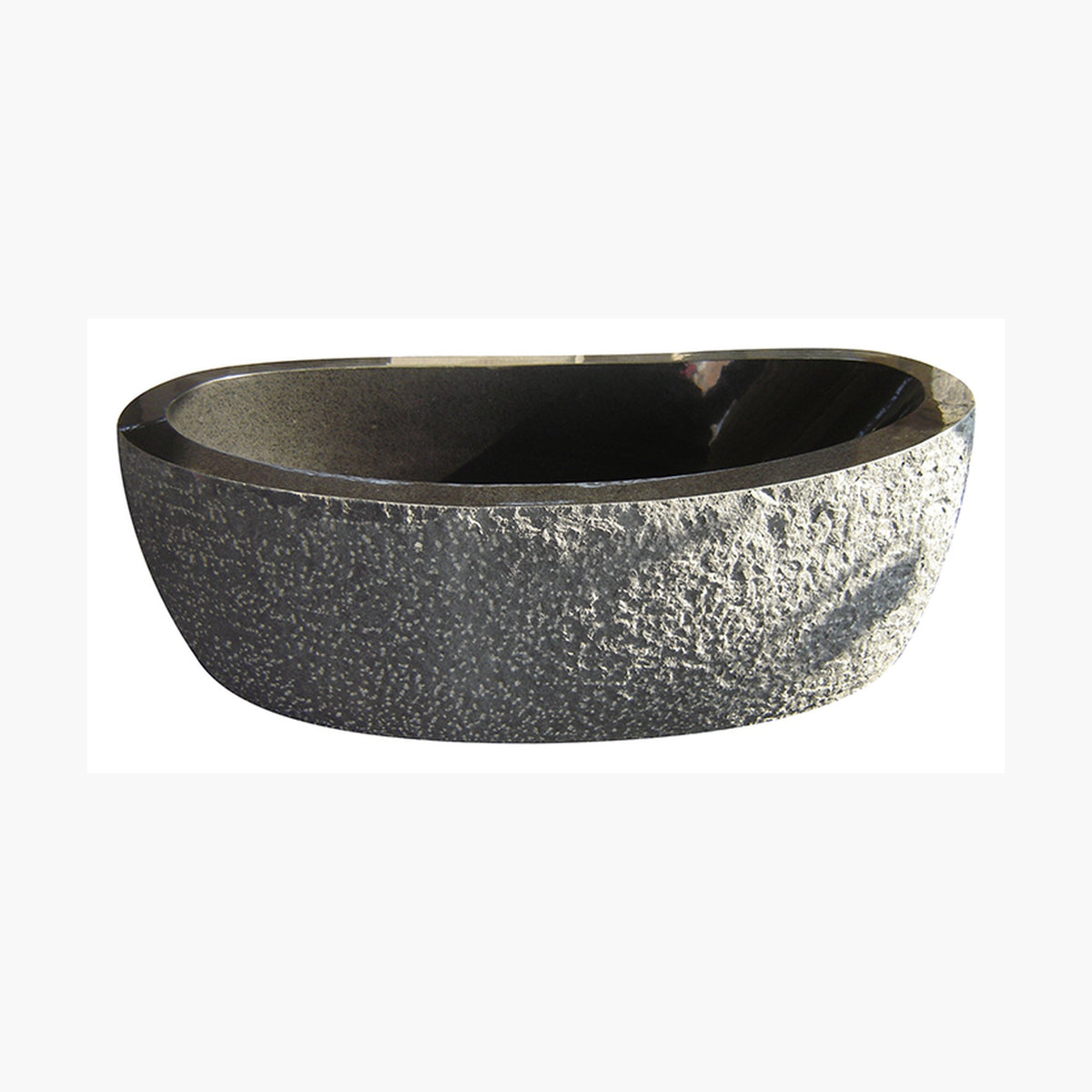 Calia Absolute Black Granite soaking bathtub with hand-chiseled exterior and polished interior, studio front-view visualization