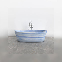 Calia Azura Blue Quartzite soaking bathtub, studio front-view visualization