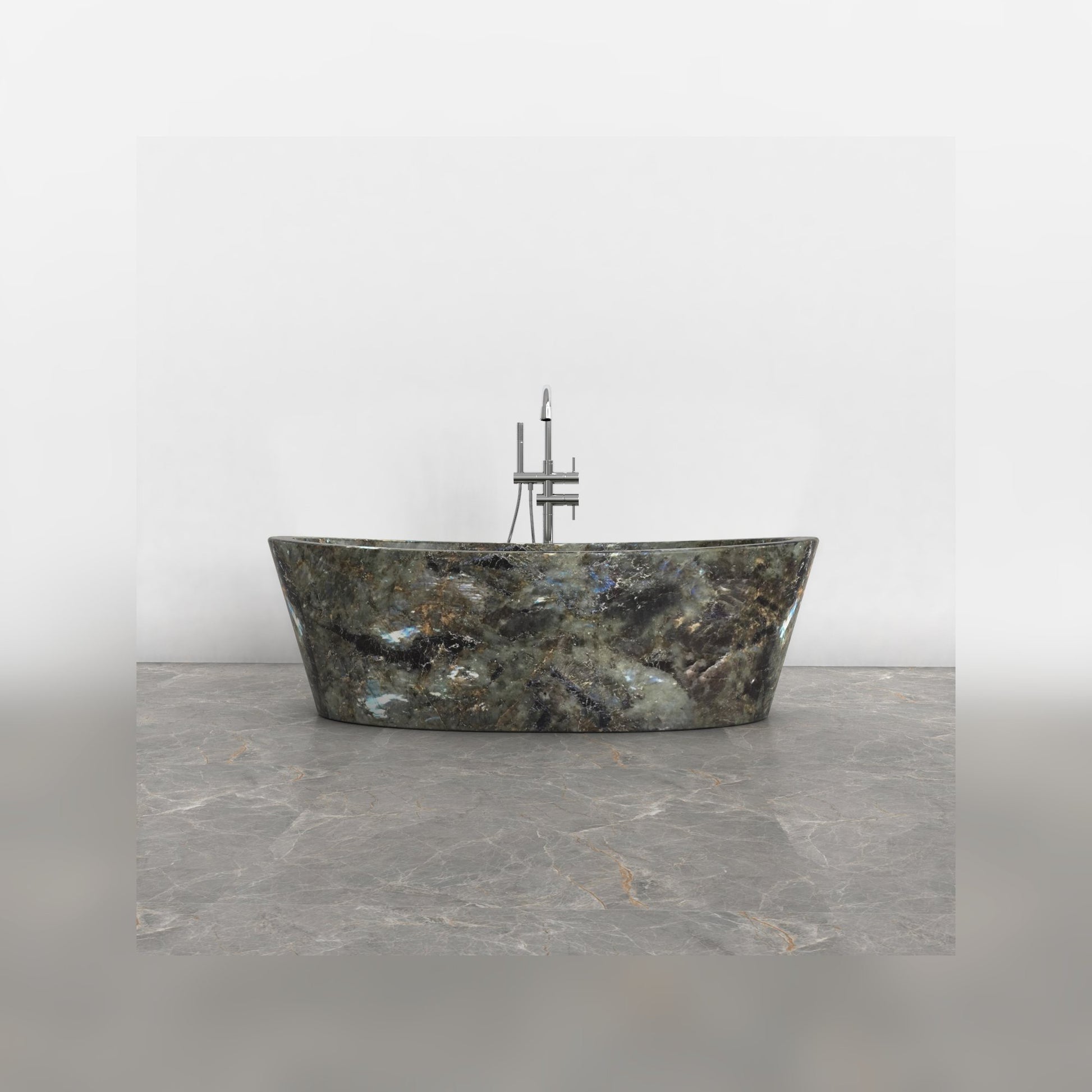 Calia Celestia Blue Quartzite soaking bathtub, studio front-view visualization