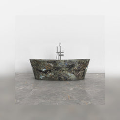Calia Celestia Blue Quartzite soaking bathtub, studio front-view visualization