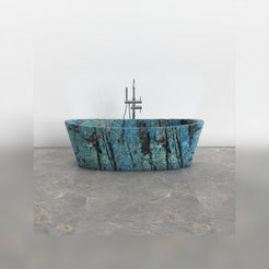 Calia Danube Blue Quartzite soaking bathtub, studio front-view visualization
