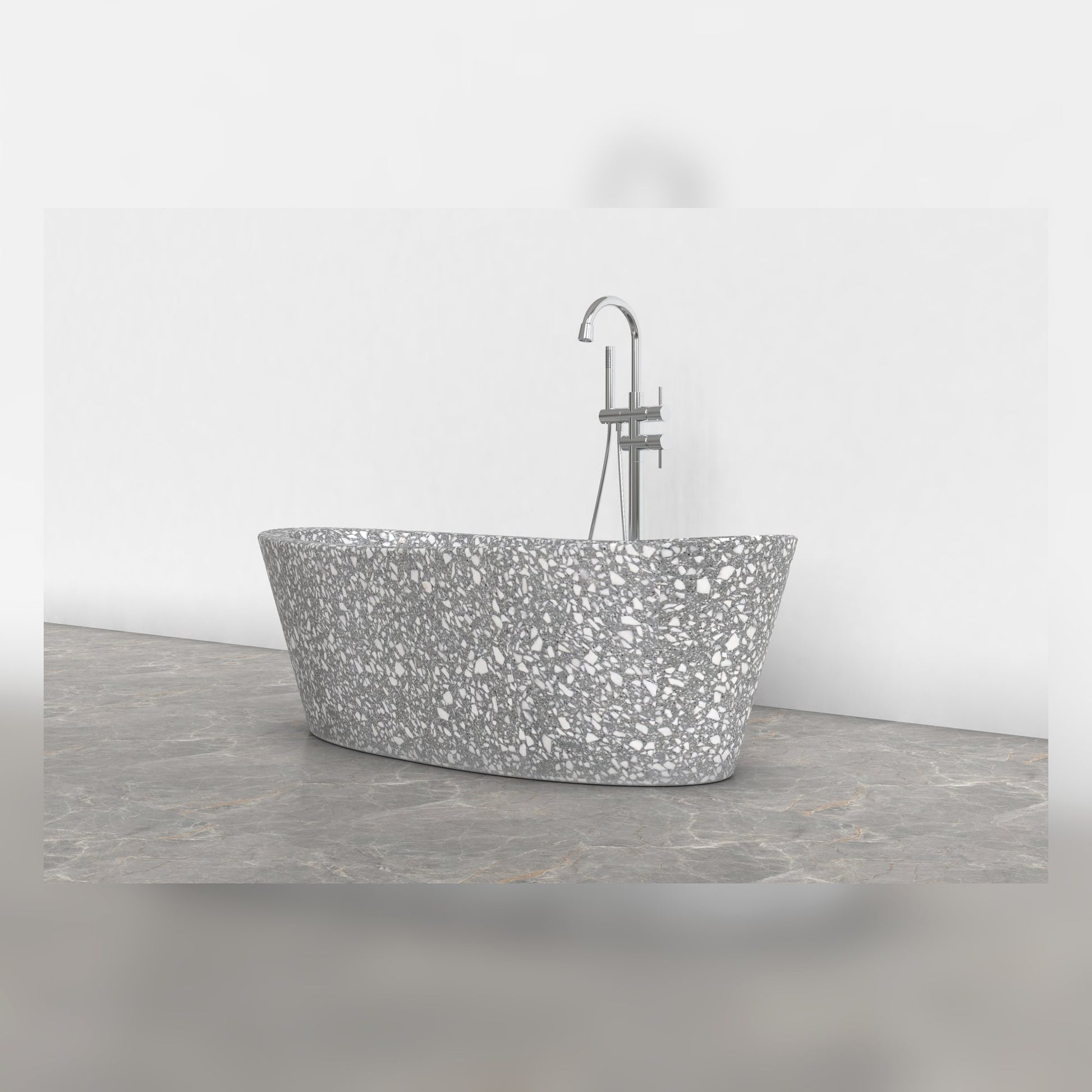 Calia Silver Grey Terrazzo soaking bathtub, studio front-view visualization