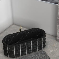 Cavelle BT-128A Portoro Black Marble freestanding bathtub design rendering, three-quarter view
