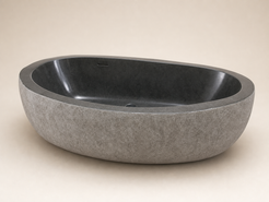 Cavira organic oval G654 Gray Granite bathtub, premium three-quarter studio visualization