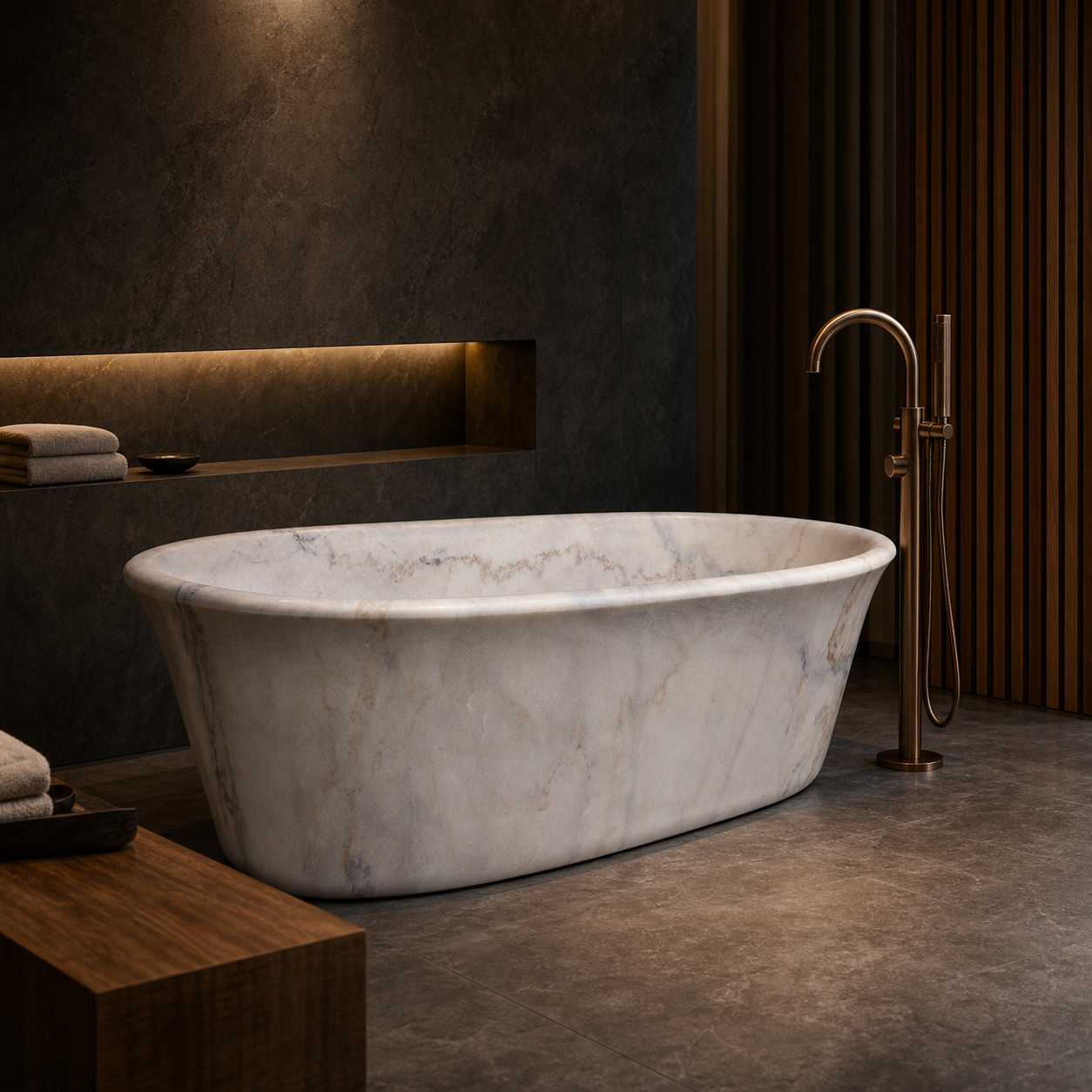Elara Ivory Cloud Marble rolled-rim bathtub in a dark hospitality spa styled visualization