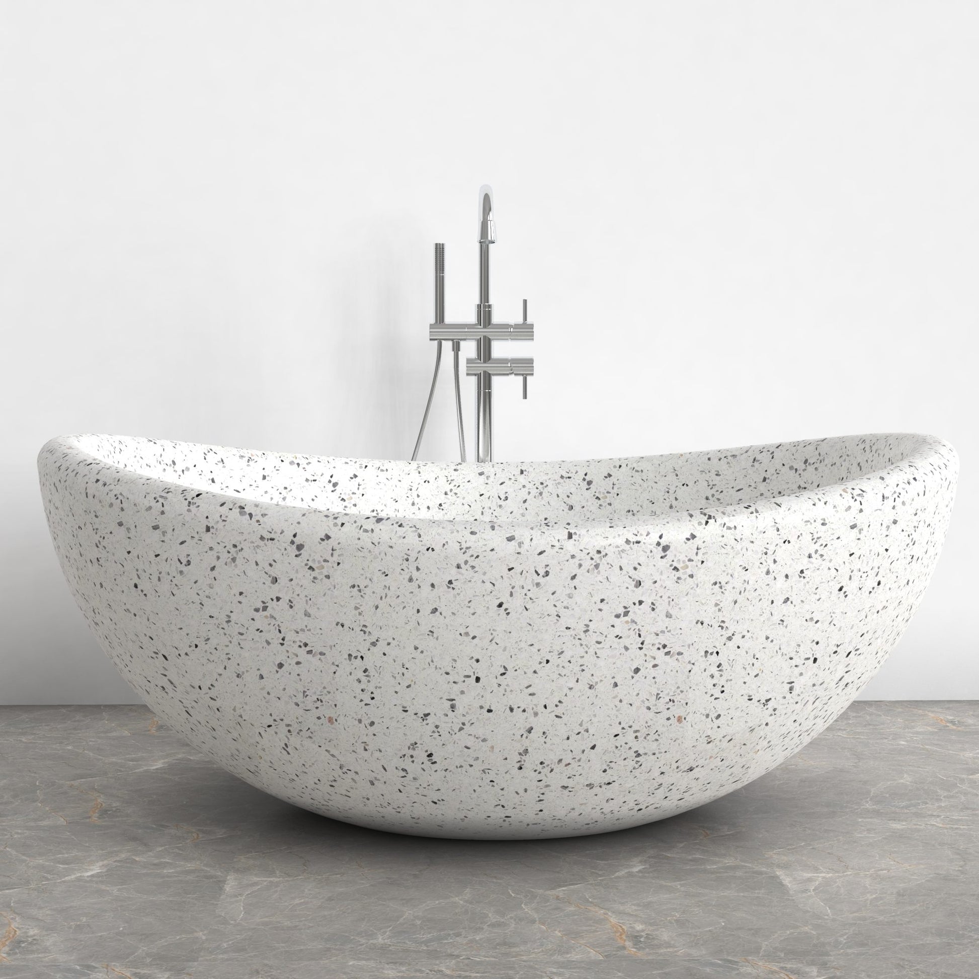 Lunara round freestanding Alba White Terrazzo soaking bathtub, front view