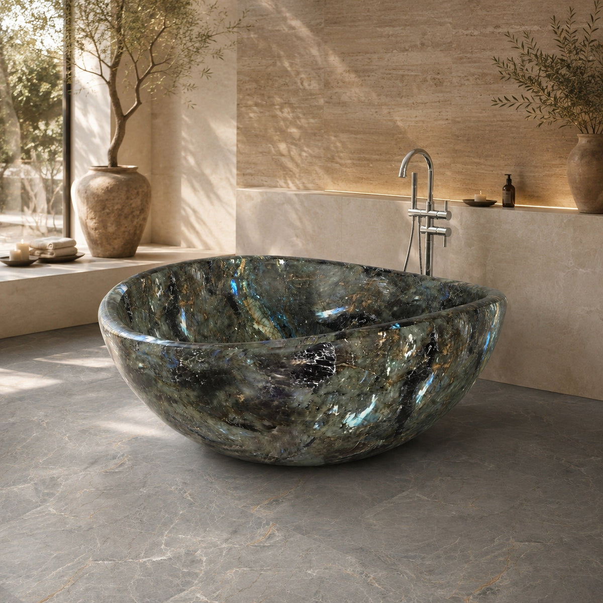 Lunara Celestia Blue Quartzite round freestanding soaking bathtub in a serene luxury bathroom with natural light, fourth lifestyle scene