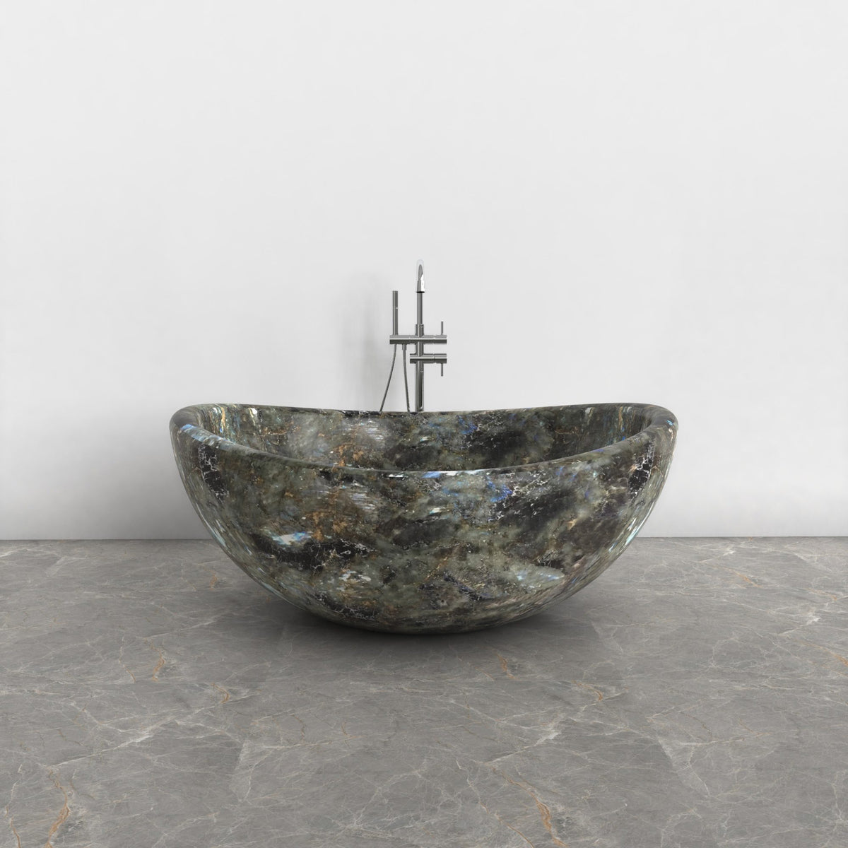 Lunara round freestanding Celestia Blue Quartzite soaking bathtub, front view