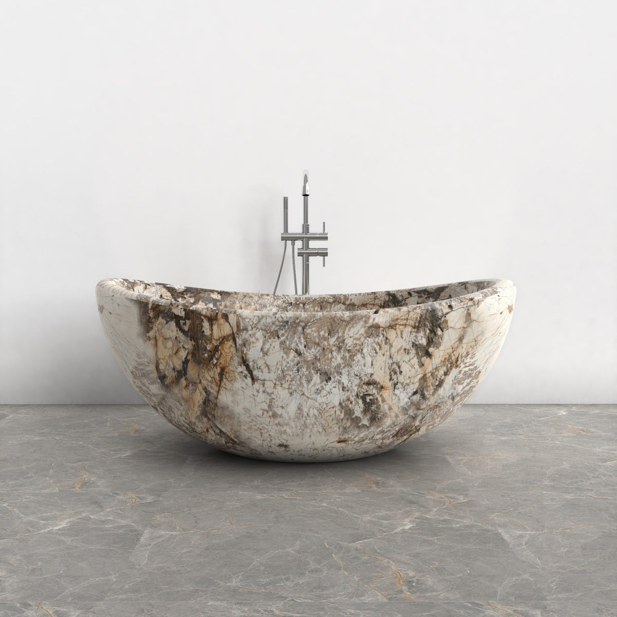 Lunara round freestanding Pandora Blanc Quartzite soaking bathtub, front view