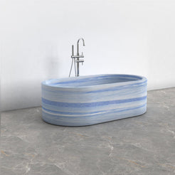 Mavelle Azura Blue Quartzite rounded-rectangle bathtub, studio front-view visualization