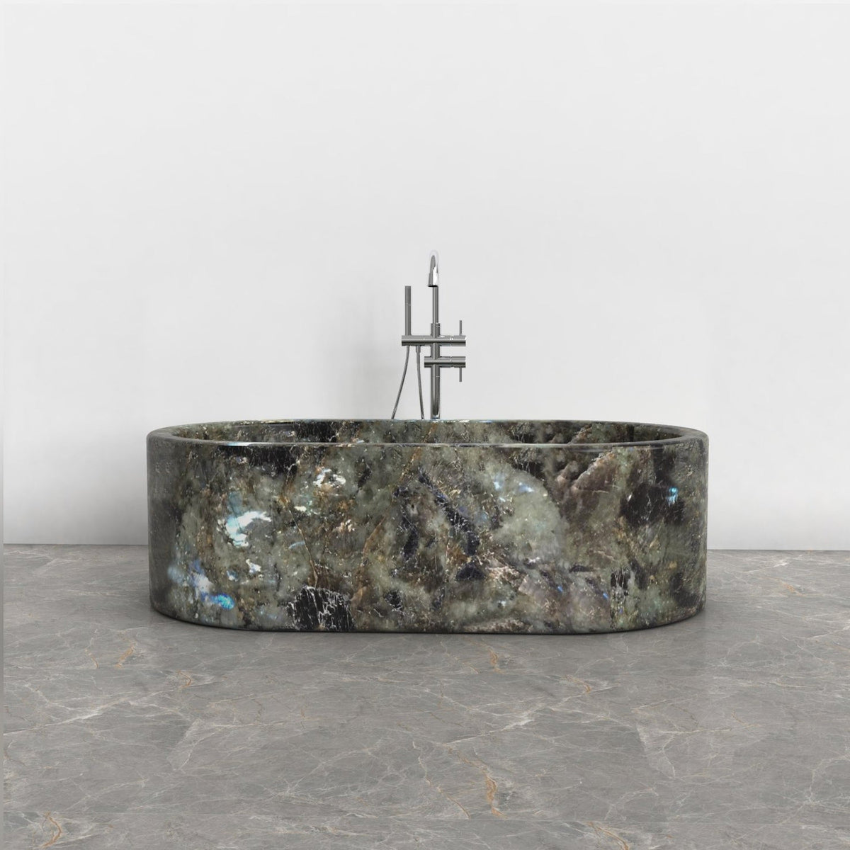 Mavelle Celestia Blue Quartzite rounded-rectangle bathtub, studio front-view visualization