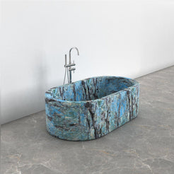 Mavelle Danube Blue Quartzite rounded-rectangle bathtub, studio front-view visualization