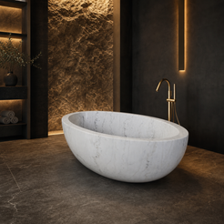 Mira Ivory Cloud Marble deep soaking bathtub in a dark hospitality spa styled visualization