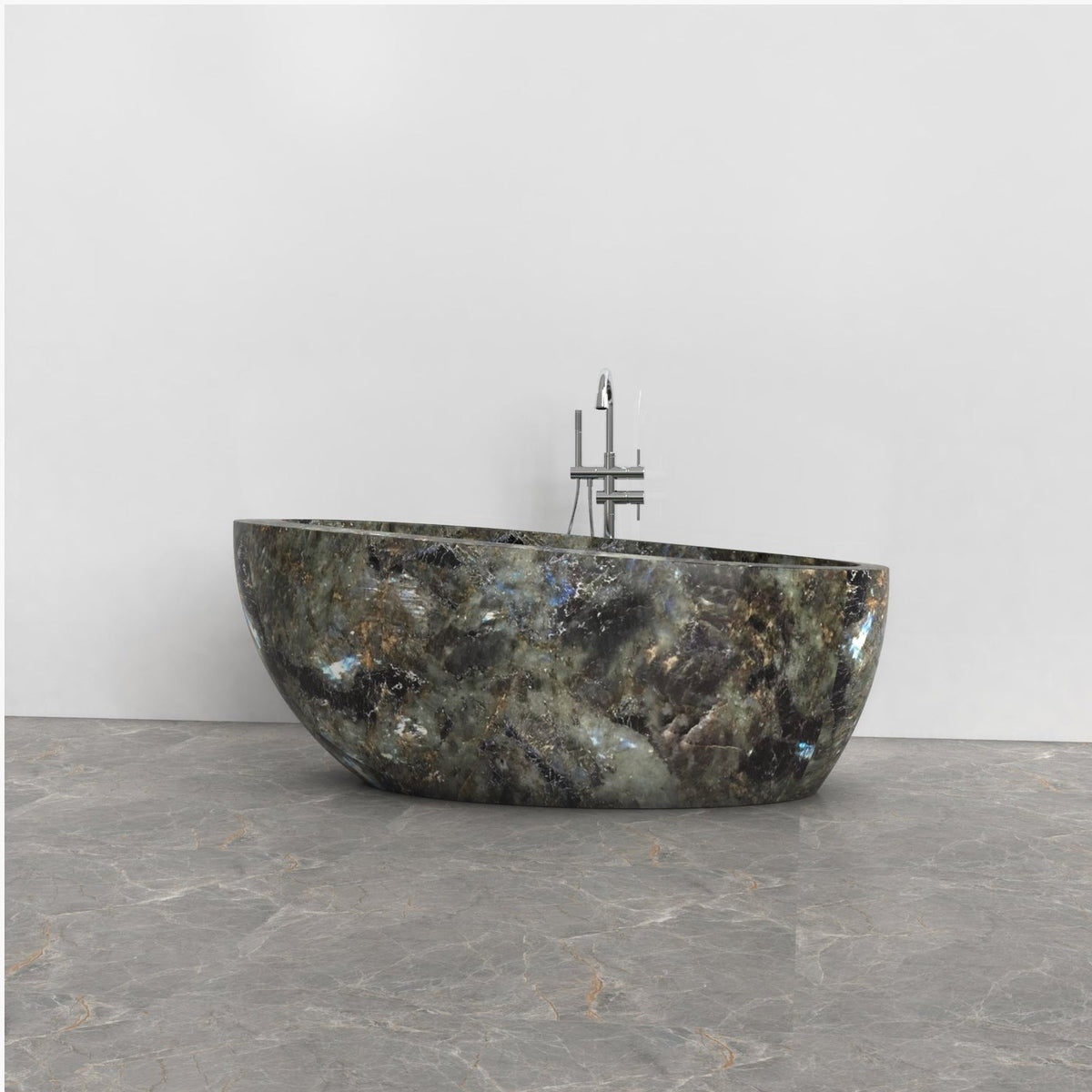 Navira Celestia Blue Quartzite bathtub, studio front-view visualization