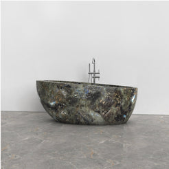 Navira Celestia Blue Quartzite bathtub, studio front-view visualization