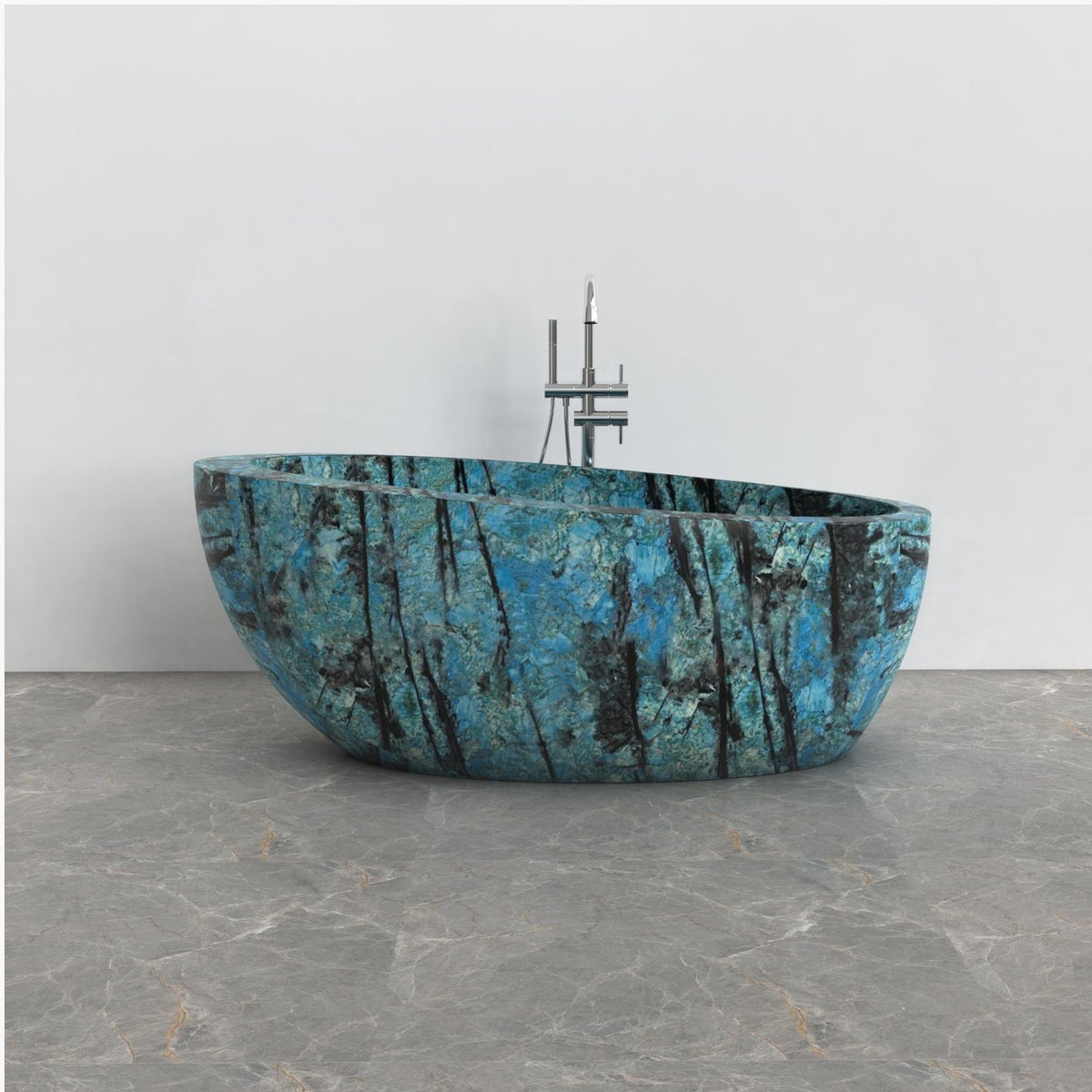 Navira Danube Blue Quartzite bathtub, studio front-view visualization