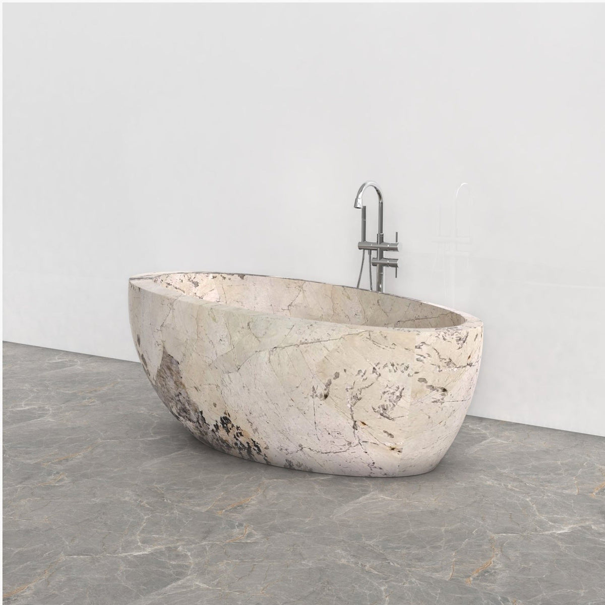 Navira Pandora Blanc Quartzite bathtub, studio front-view visualization