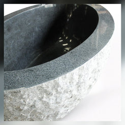 Noctelle BT-167A Absolute Black Granite bush-hammer freestanding soaking bathtub, full-frame front view