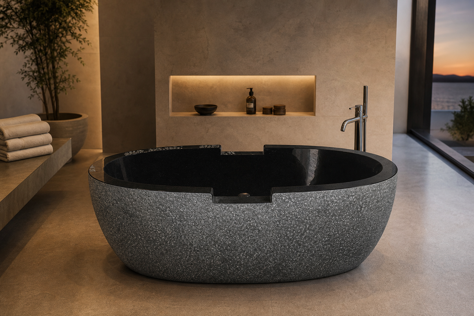 Noctira Absolute Black Granite soaking bathtub in a boutique hotel spa, styled visualization
