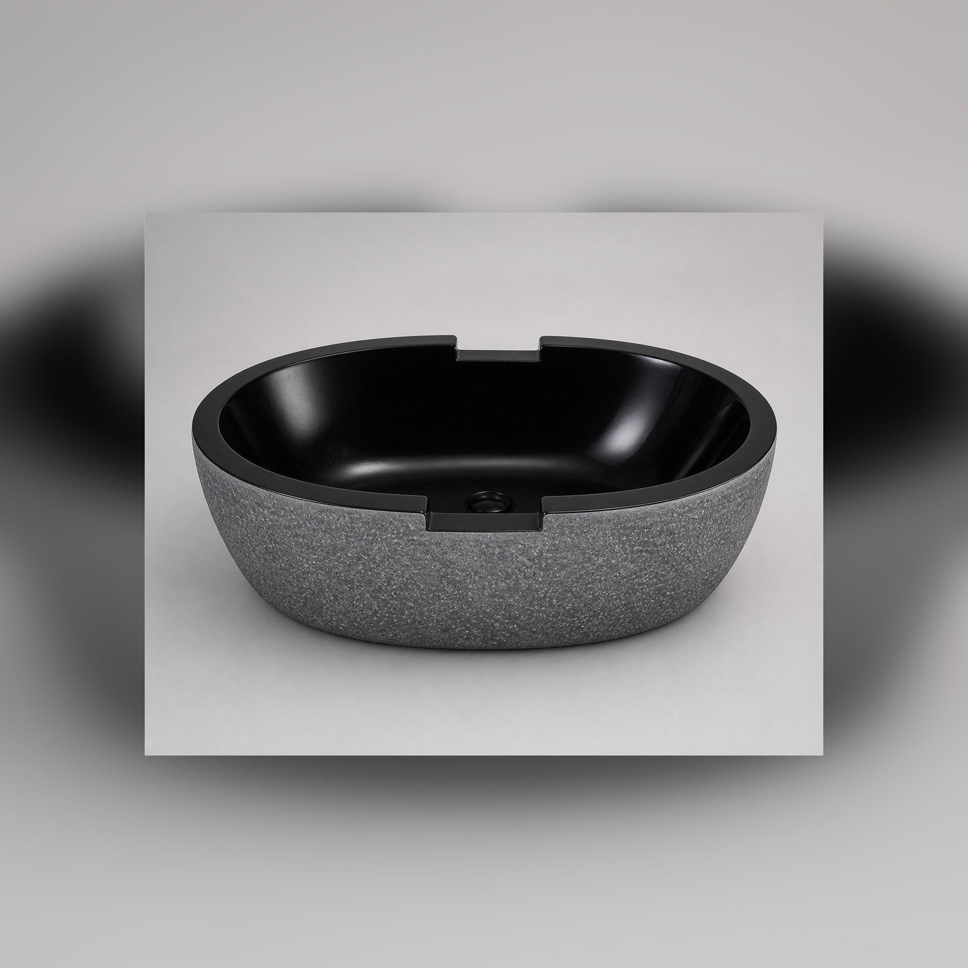 Noctira Absolute Black Granite freestanding bathtub, opposite-angle studio visualization