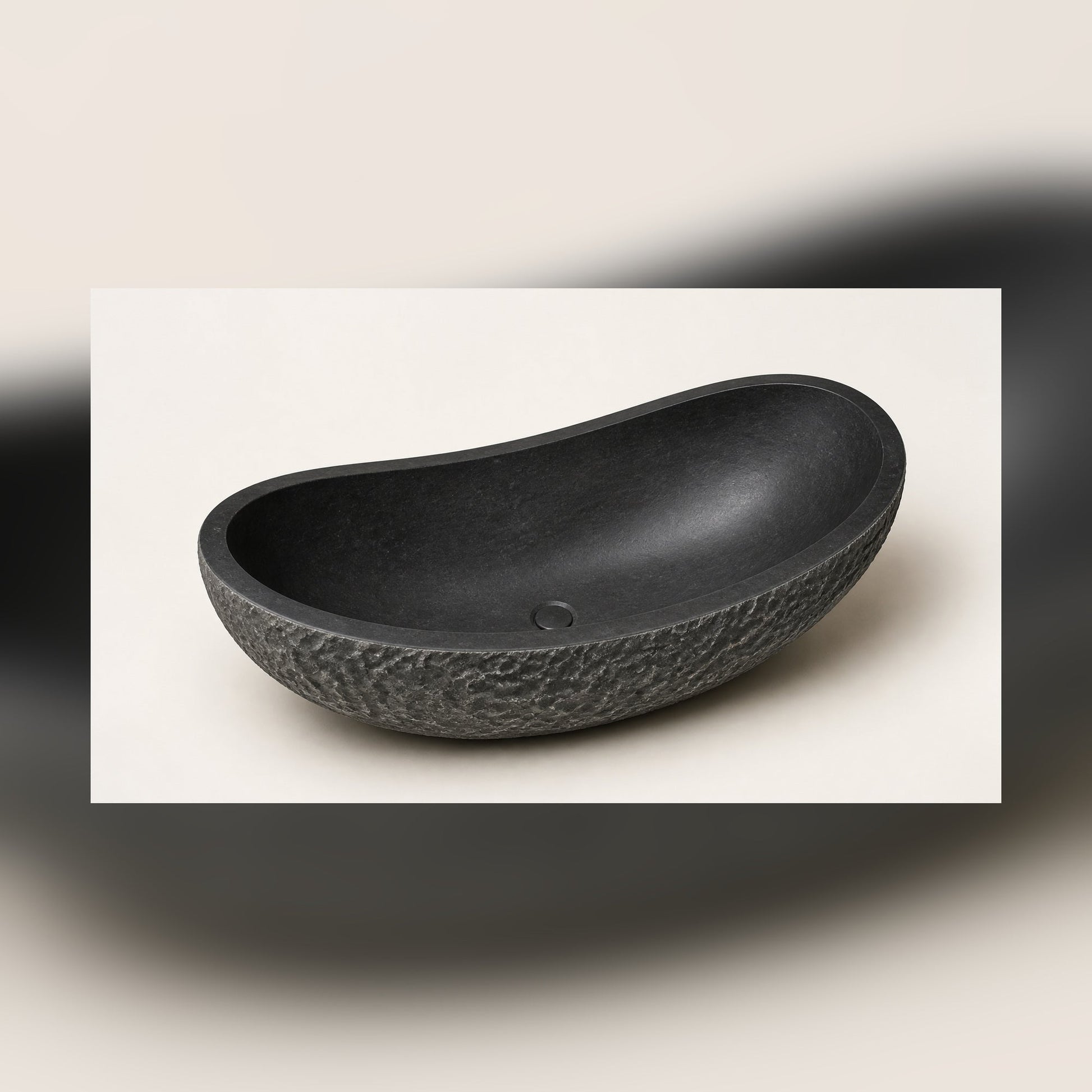 Noira Natural Black Granite bathtub, top interior studio visualization with center drain