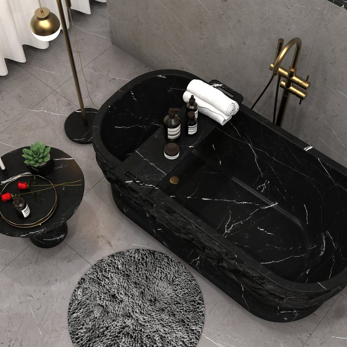 Orvane BT-127A Portoro Black Marble freestanding bathtub design rendering, top and interior view