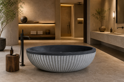 Rivelle fluted granite soaking bathtub in a luxury hospitality spa, styled visualization