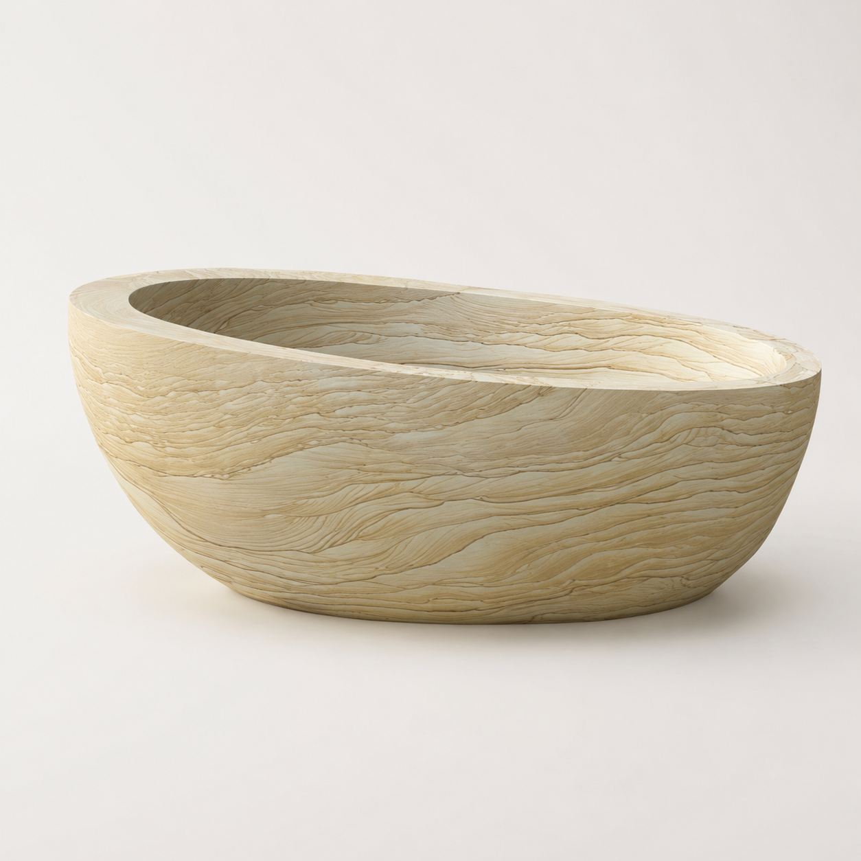 Sahira BT-085A Natural Sandstone raised-end oval freestanding soaking bathtub, enlarged three-quarter product view with reduced background whitespace