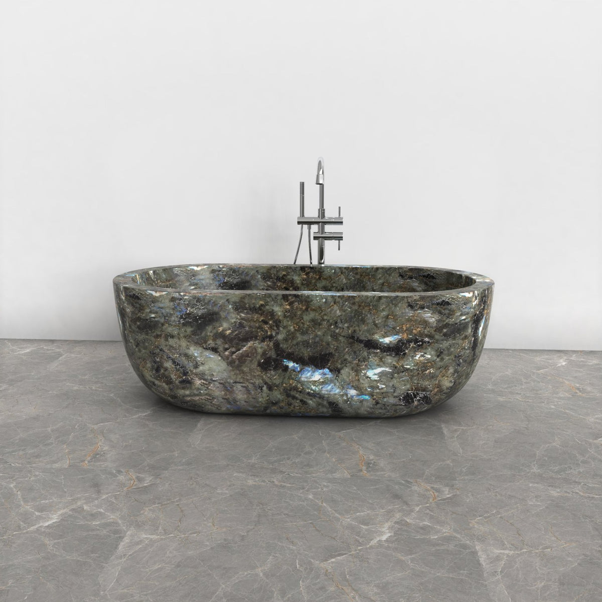 Serelle Celestia Blue Quartzite bathtub, studio front-view visualization