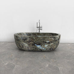 Serelle Celestia Blue Quartzite bathtub, studio front-view visualization