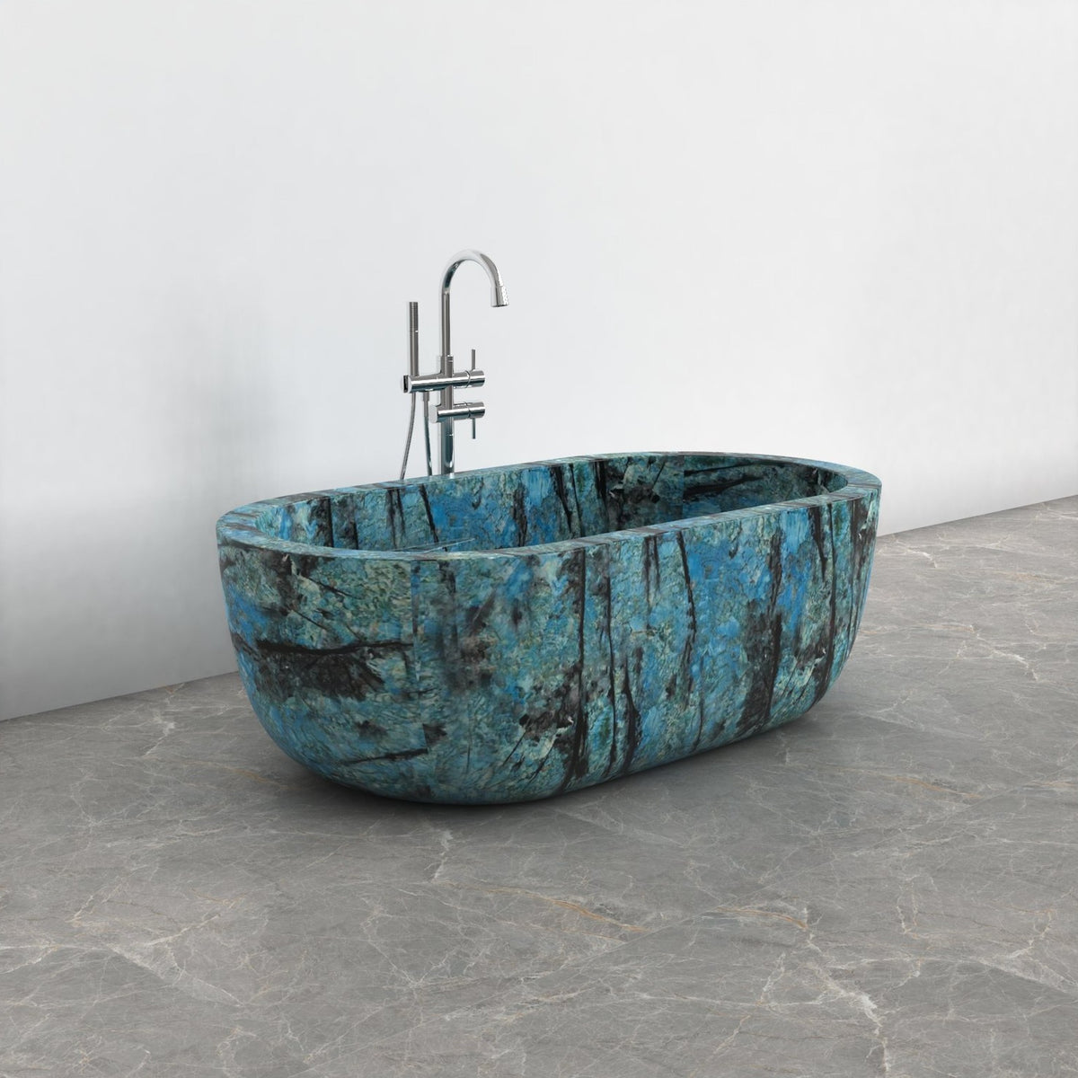 Serelle Danube Blue Quartzite bathtub, studio front-view visualization