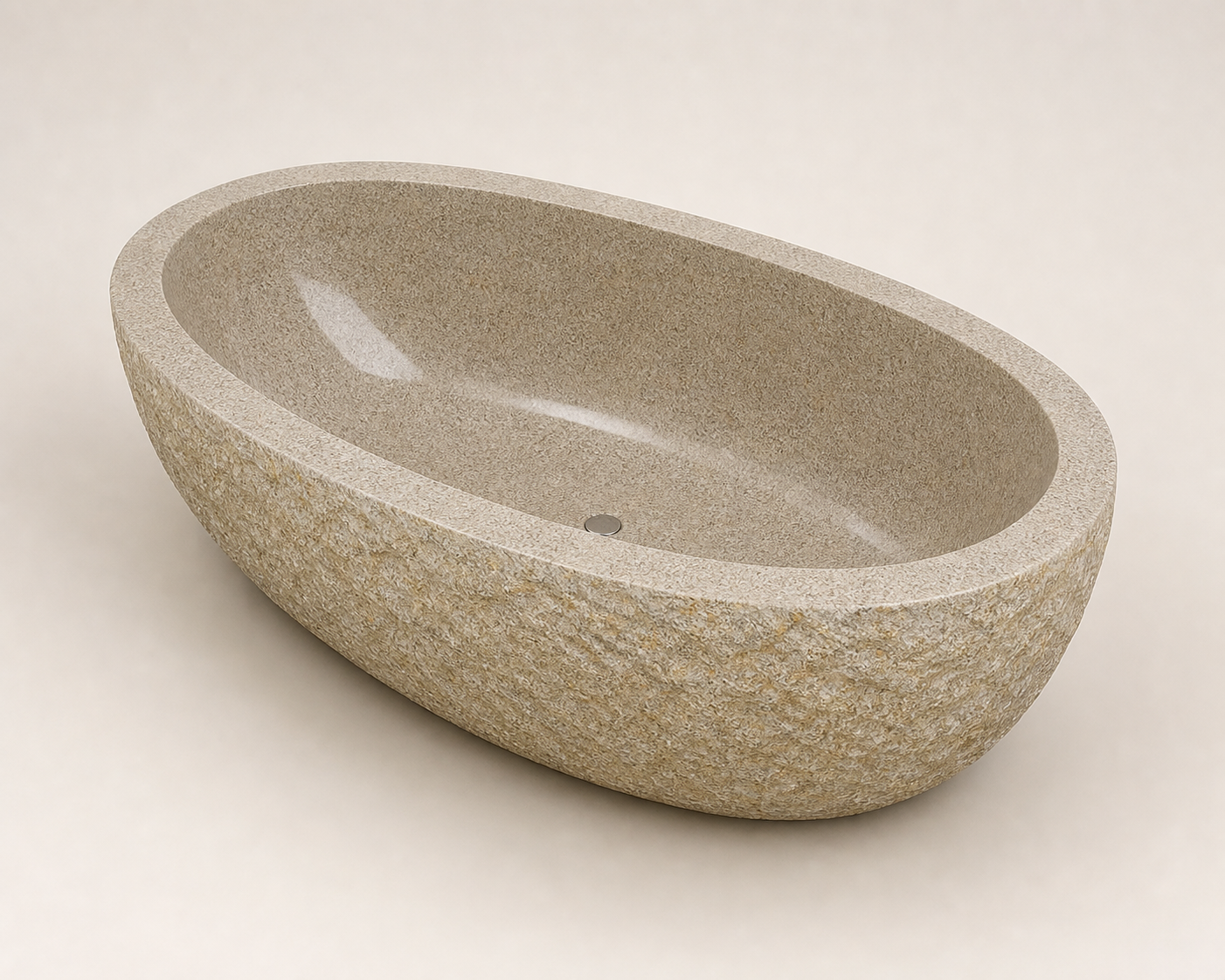 Solea G682 Rust Granite bathtub, elevated view of the polished interior and center drain