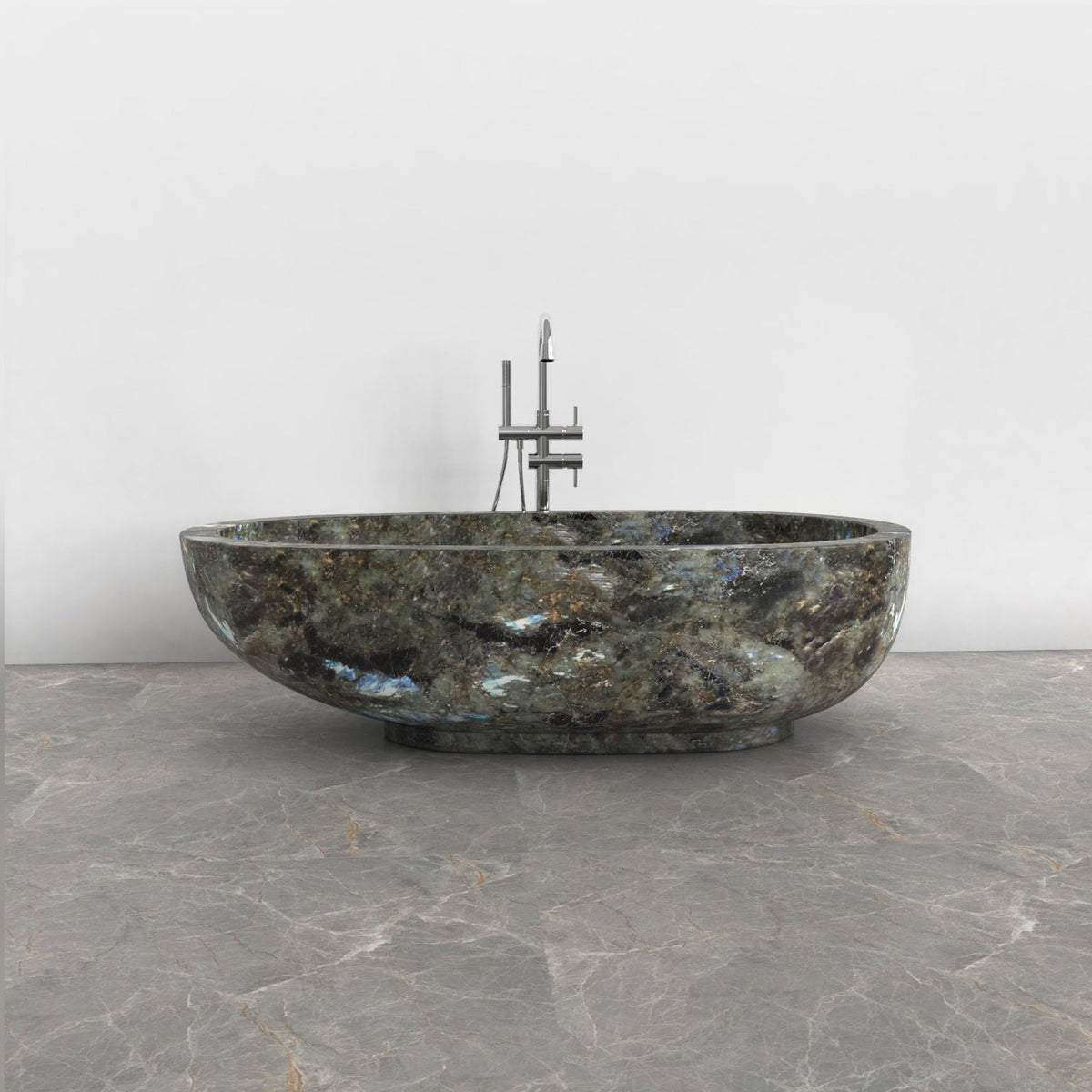Soreia Celestia Blue Quartzite bathtub, studio front-view visualization
