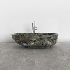 Soreia Celestia Blue Quartzite bathtub, studio front-view visualization
