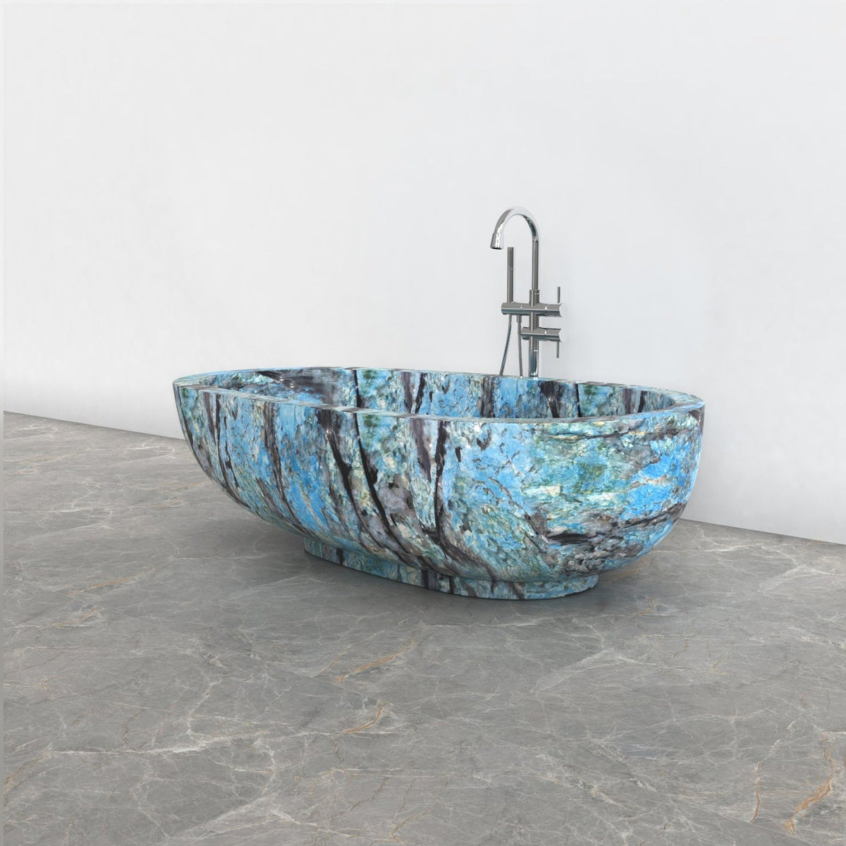 Soreia Danube Blue Quartzite bathtub, studio front-view visualization