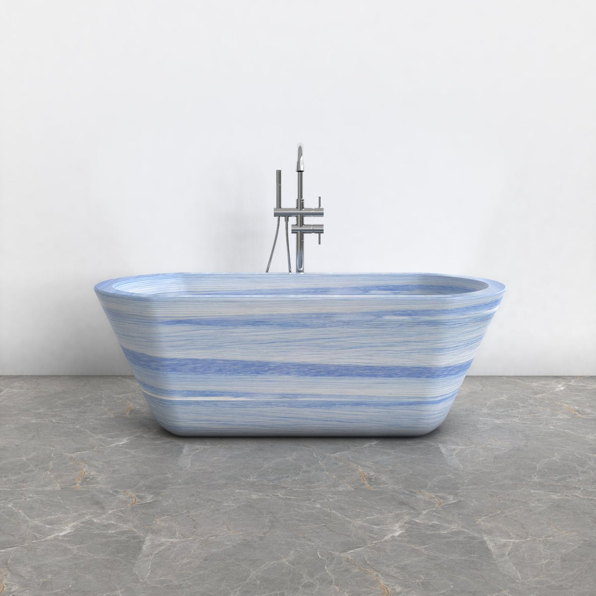 Tivelle Azura Blue Quartzite flared rounded-rectangle bathtub, studio front-view visualization