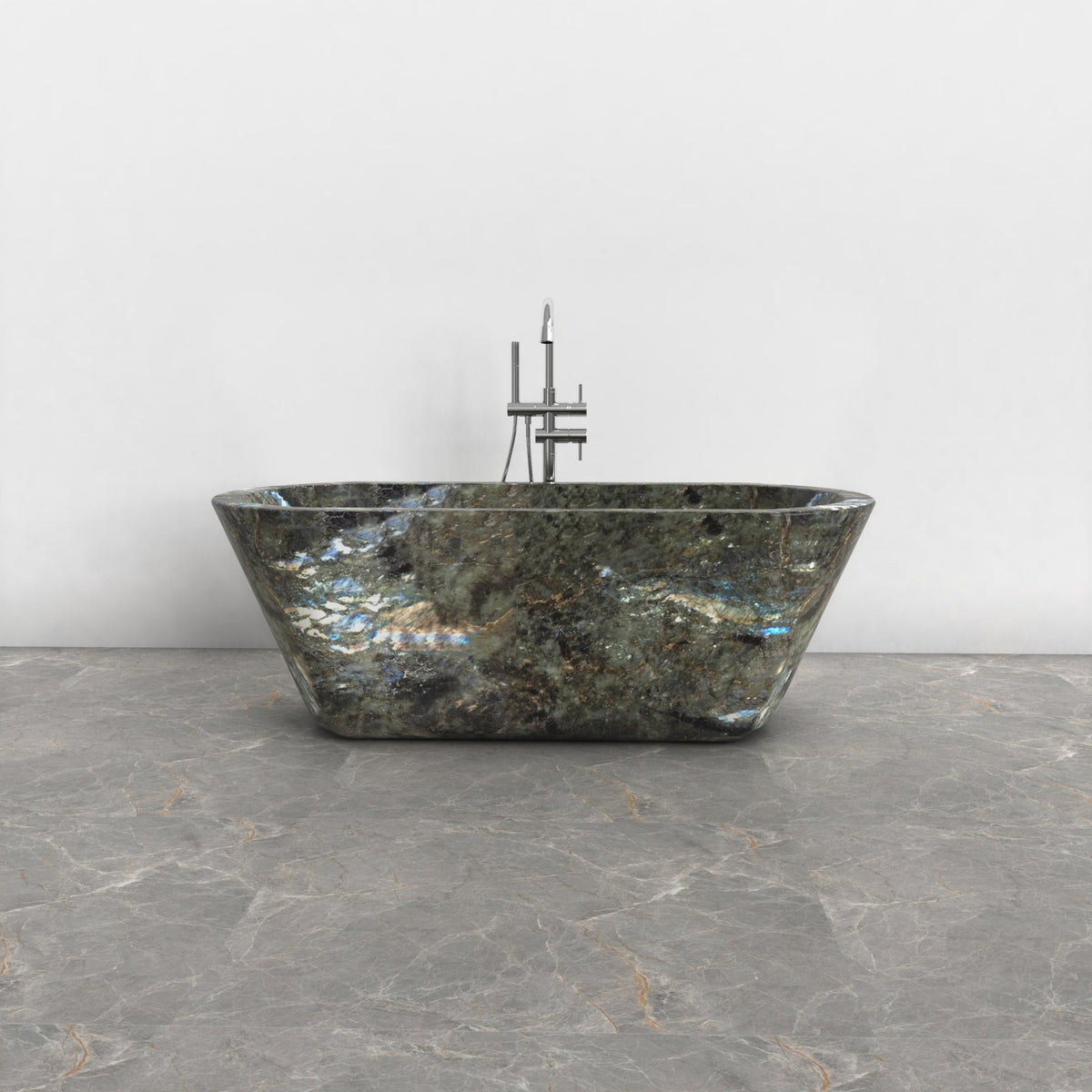 Tivelle Celestia Blue Quartzite flared rounded-rectangle bathtub, studio front-view visualization