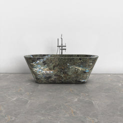 Tivelle Celestia Blue Quartzite flared rounded-rectangle bathtub, studio front-view visualization
