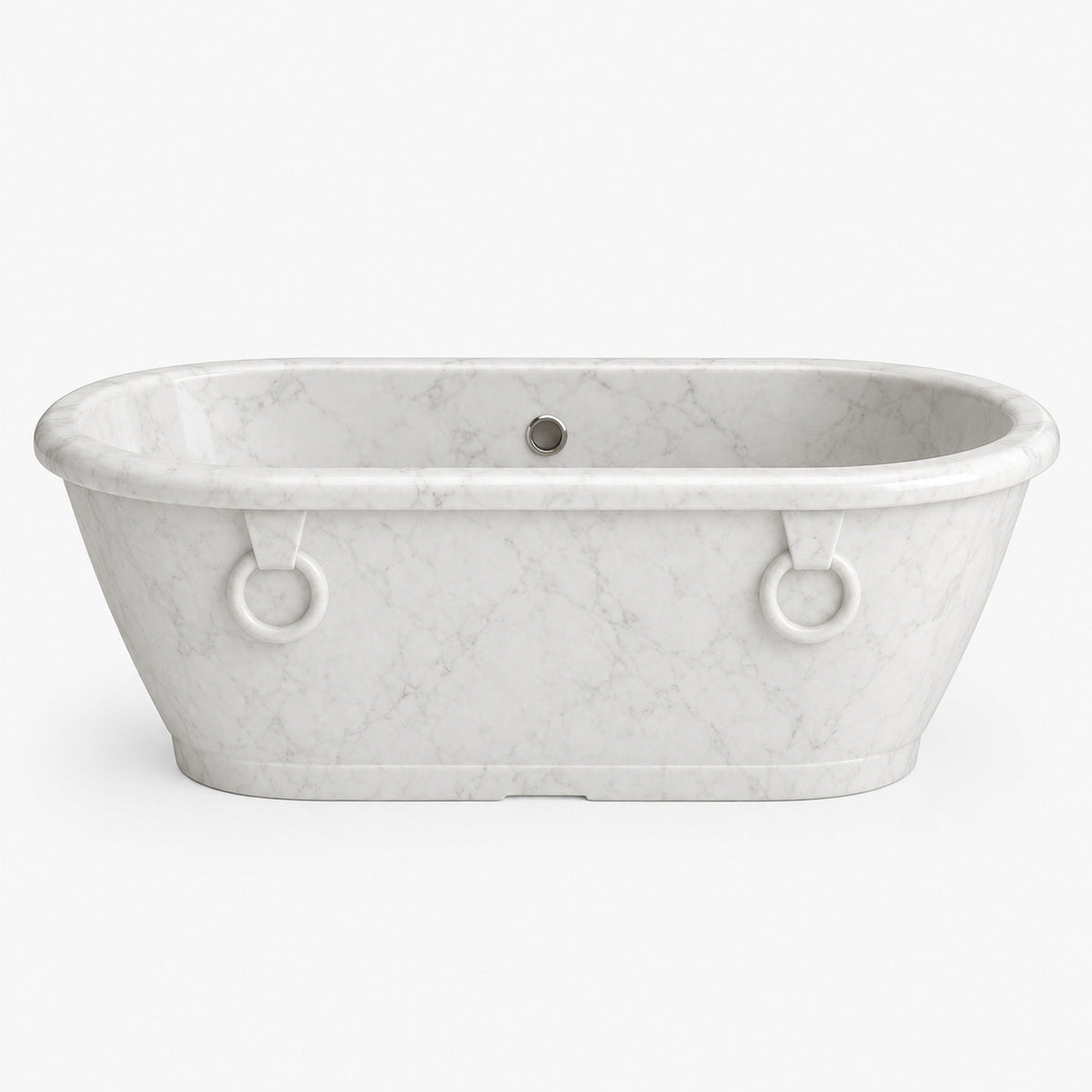 Valenne Italian Carrara White Marble rolled-rim bathtub, studio front-view visualization